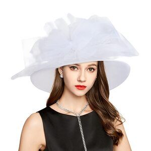 1362 2025 Derby Hats For Women Girls Ladies, White Wide Brim Organza Church